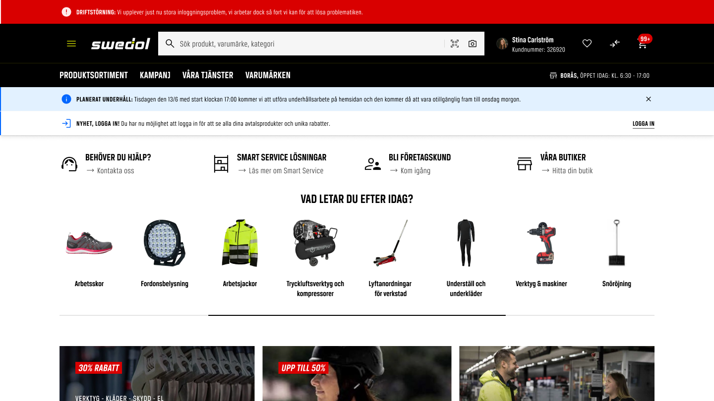 Home page with an error banner above the header and two informational banners below it