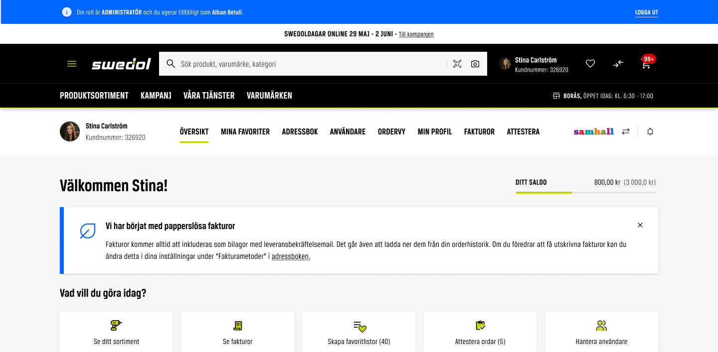 My Pages with an administrator banner and a promotion above the header and a Large banner on the dashboard