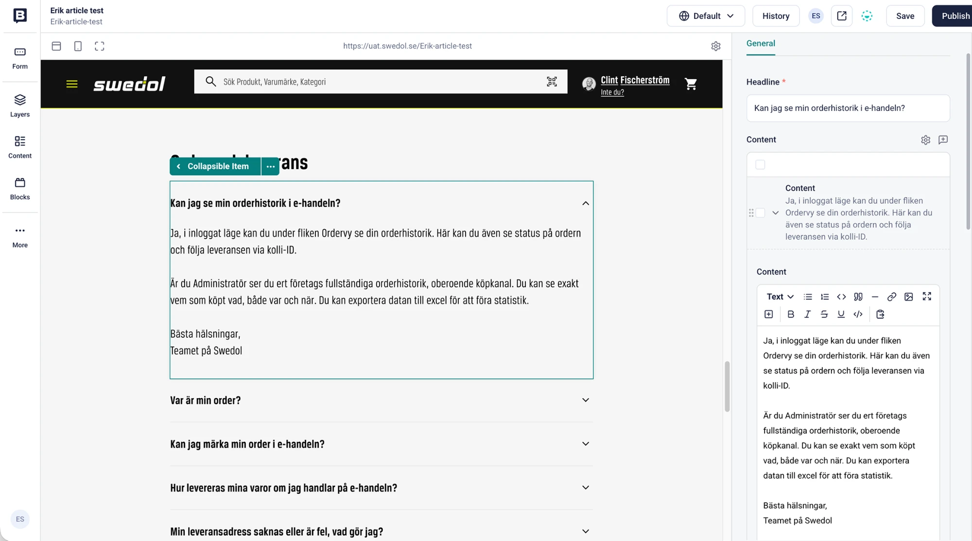 A Collapsible item with a Content block in Storyblok, the item open in the preview