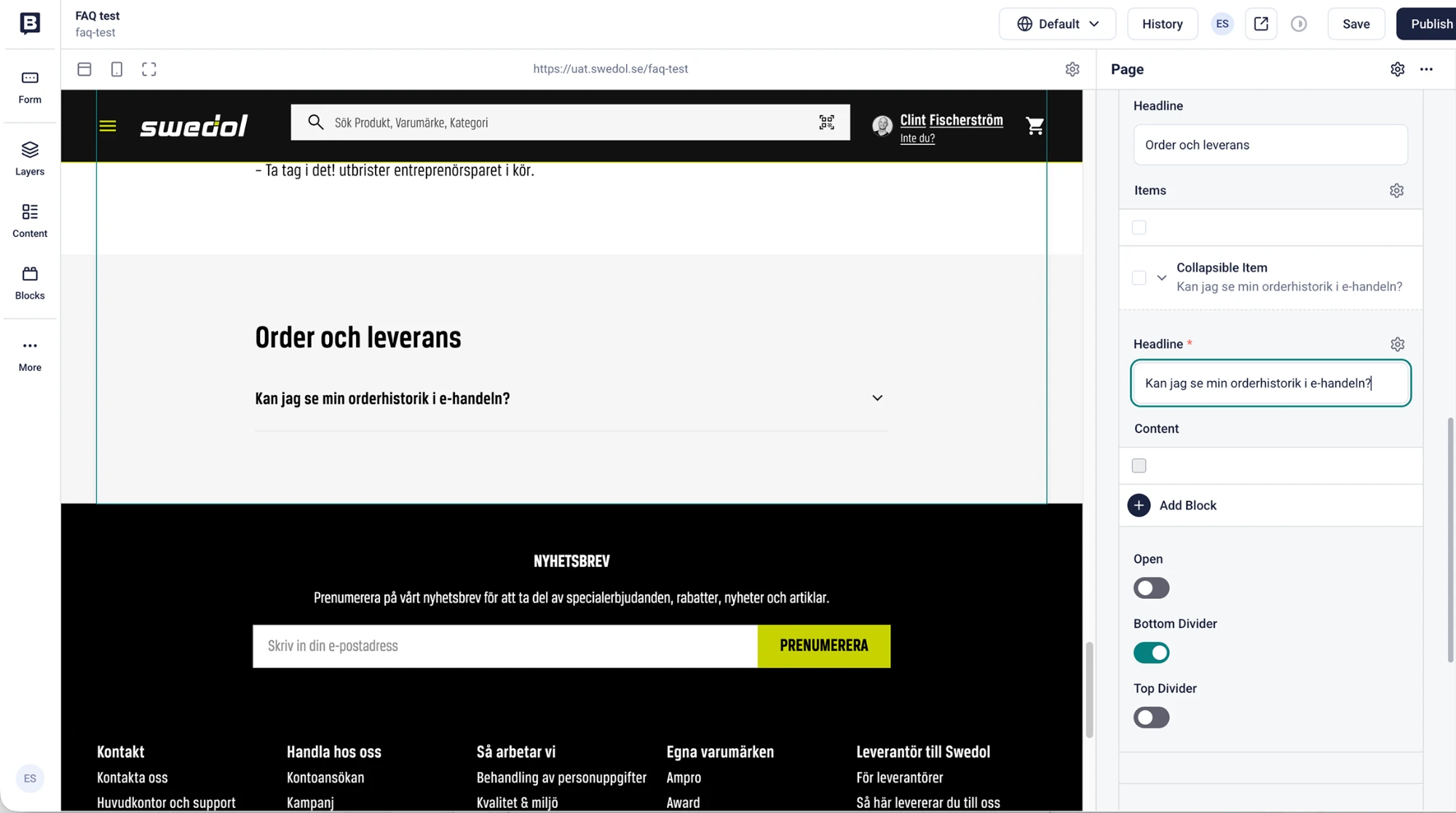 A Collapsible item in Storyblok with the headline, the content, the Open switch and the two divider switches