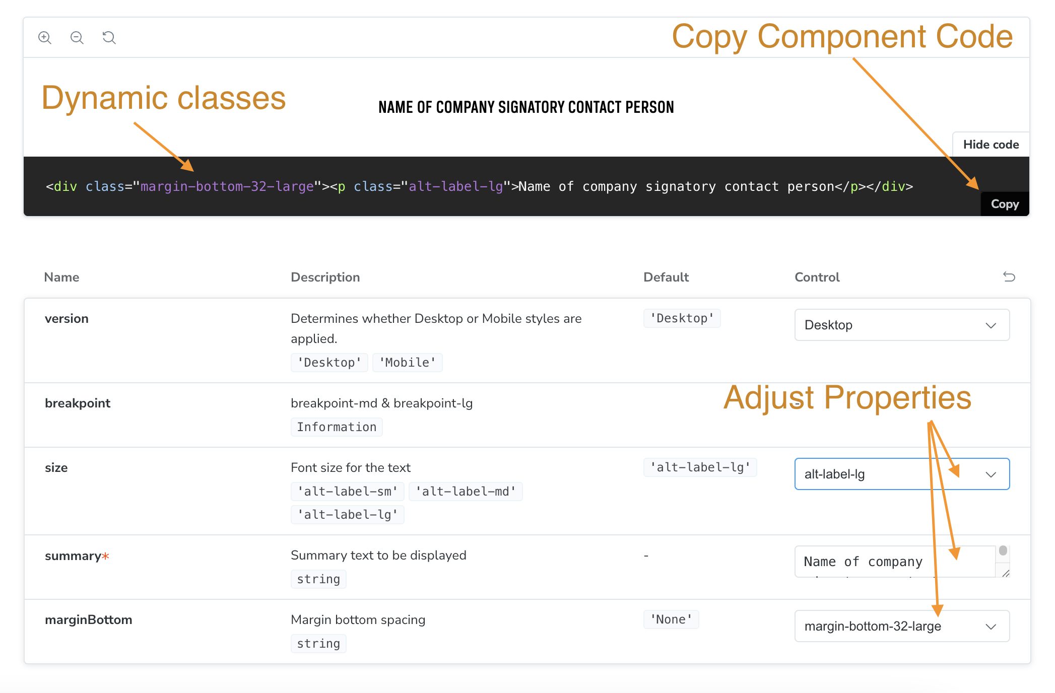 Storybook code panel with the dynamic classes, the Copy button and the property controls marked